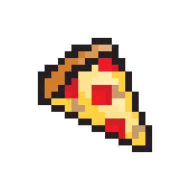 Pikselli pizza. Üçgen dilim şeklinde. Kahverengi kabuk detayı. Sarı peynir vektörü. EPS 10.