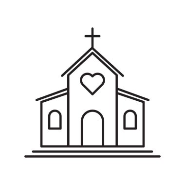 Kilise binası ikonu. Kalp şeklinde detaylar. Minimum düğün sembolü. Vektör dini taslak. EPS 10.
