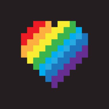 Gökkuşağı pikseli kalp. Parlak renk simgesi. Siyah arka plan. Vektör gururu şekli. EPS 10.