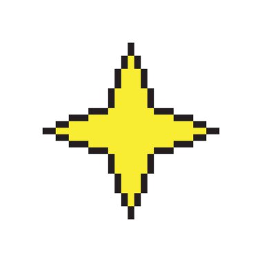 Sarı piksel yıldızı. Retro parlak şekil. Sihirli ışıltı ikonu. Vektör stili ögesi. EPS 10.