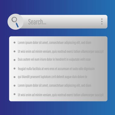 Arama çubuğu düğmesi. Beyaz yuvarlak alan. Mavi eğimli arka plan. Basit bir UI elemanı. EPS 10.