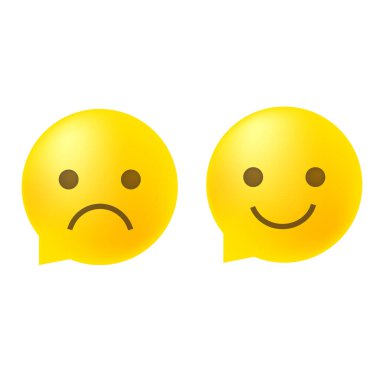 Parlak sohbet baloncukları. Mutsuz bir ruh hali. Vektör simgesi şekilleri. Sarı gülümseme simgeleri. EPS 10.