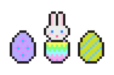 Paskalya tavşanı pikseli. Renkli yumurta seti. Şenlikli tatil tasarımı. Vektör yay sembolü. EPS 10