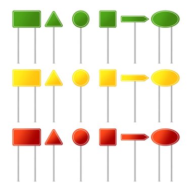 Renkli yol işaretleri. Yeşil sarı kırmızı. Vektör trafik panoları. Minimum şekil ayarlandı. EPS 10.