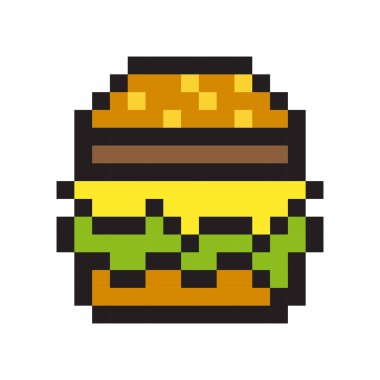 Piksel burger ikonu. Peynirli fast food. Vektör atıştırmalık şekli. Retro yemek görüntüsü. EPS 10.