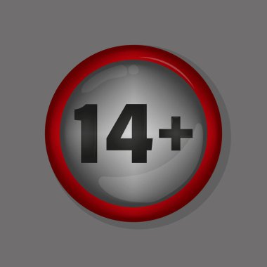 Kırmızı daire rozeti. 14 artı uyarı. Metalik gri arka plan. Vektör değerlendirme simgesi. EPS 10.