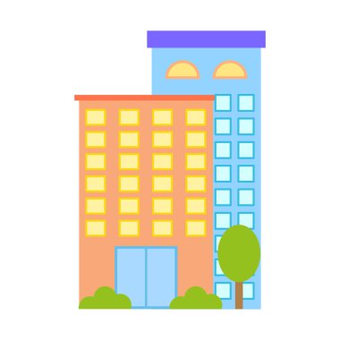 Bina simgesi şekli. Uzun şehir evleri. Şehir vitrininde. Vektör modern mimari. EPS 10.