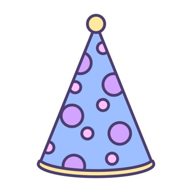 Parti şapkası ikonu. Kutlama konisi şekli. Renkli vektör aksesuarı. Puantiyeli süsleme. EPS 10.
