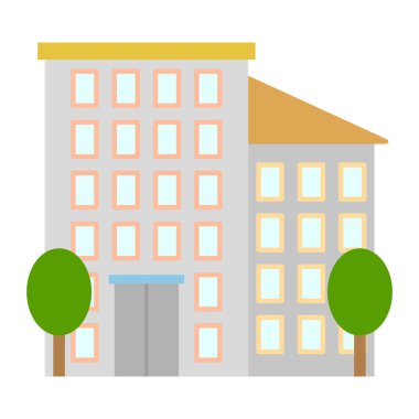 Modern yapı vektörü. Pencere düzeni şekli. Ağaç elementleri. Şehir mimarisi ikonu. EPS 10.