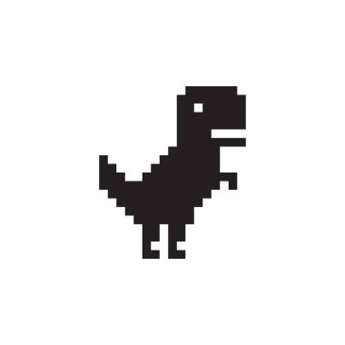 Piksel dinozor simgesi. Retro siyah yaratık. Vektör 8bit şekil. Oyun sürüngeni sembolü. EPS 10.