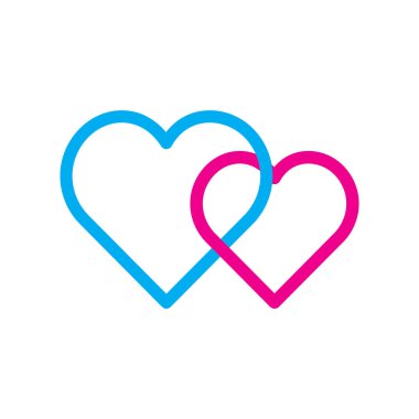 Çift kalp ikonu. Romantik aşk vektörü. Mavi pembe şekilli. Minimum dış hat sembolü. EPS 10.