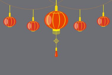 Fener çelengi ikonu. Kırmızı ışıklar asılıyor. Vektör festivali dekorasyonu. Koyu gri arka plan. EPS 10.