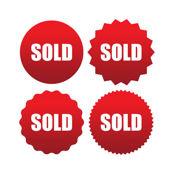 Продано значок этикетки. Красные наклейки. Символы векторной продажи. Белый смелый текст. EPS 10.