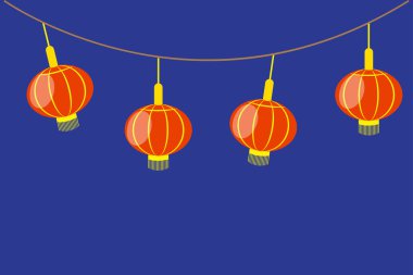 Kırmızı fener teli. Çin lambası. Vektör bayram sembolü. Koyu mavi arka plan. EPS 10.