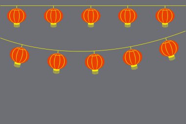 Çin feneri süslemesi. Kırmızı ışıklar asılıyor. Vektör festivali teli. Gri arka plan. EPS 10.