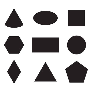 Geometrik şekiller ayarlandı. Siyah katı formlar. Temel figür koleksiyonu. Vektör eğitim illüstrasyonu. EPS 10.