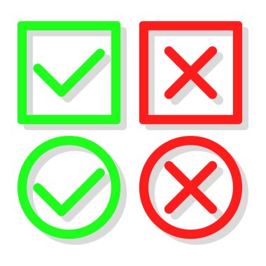 Çapraz işaretleme sembolü. Kene izi illüstrasyonu. Kırmızı yeşil düğmeler. Vektör onayı simgeleri. EPS 10.