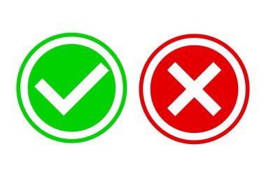 Kontrol işaretini kabul et. Çapraz sembolü reddet. Vektör grafik düğmeler. Yeşil kırmızı kontrast. EPS 10.