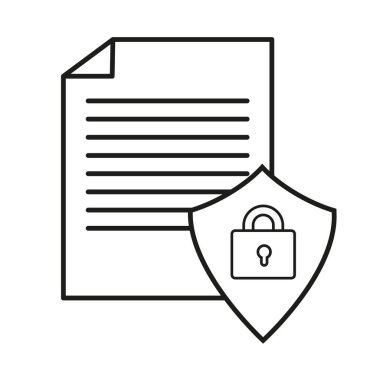 Belge güvenlik illüstrasyonu. Koruyucu Dosya Vektörü. Kalkanlı kağıt verileri. Gizli bilgi simgesi. EPS 10.