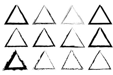 Üçgen çizimi şekillendirir. Grunge doku etkisi. Geometrik semboller ayarlandı. Siyah dış hat vektörü. EPS 10.