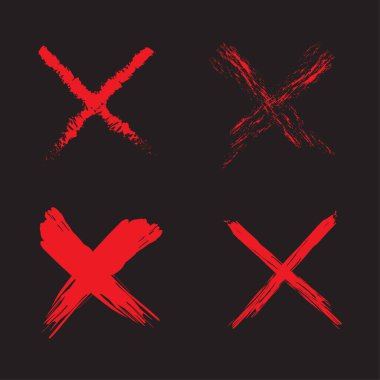 Kırmızı X işaretli semboller. Grunge fırça darbeleri. Çapraz işaret vektörü ayarlandı Siyah arkaplan dokusu. EPS 10.