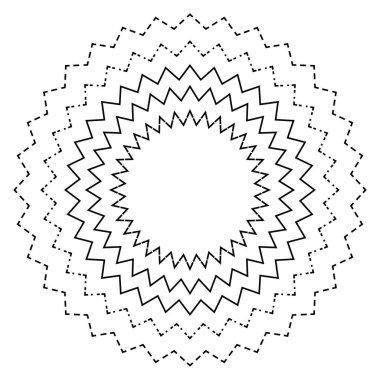 Soyut zikzak çemberi. Radyal güneş patlaması deseni. Tek renkli vektör grafiği. Eşmerkezli şekiller, illüstrasyon. EPS 10.