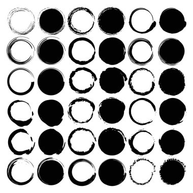 Çember şeklinde grunge şekilleri. Siyah yuvarlak doku. Tek renkli vektör deseni. Soyut dağınık tasarım. EPS 10.