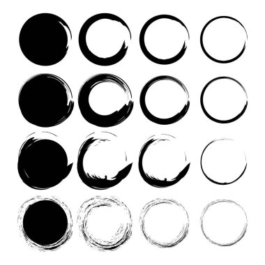 Fırça darbesi çemberleri. Siyah grunge şekilleri. El yapımı Vektör dokusu. Sanatsal halka sınırları. EPS 10.