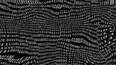 Siyah arkaplanda beyaz eğimli ikili kodlama numaraları, 4k bozuk ekran hareketleri, yüksek teknoloji örtüsü, bir numara sıfır, bilgisayar ineği hackleme kodu