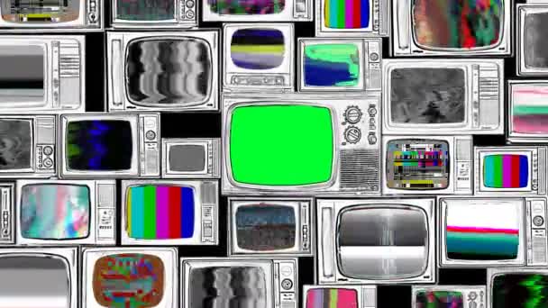 Tela Verde Entre Muitos Sem Sinal Televisão Retro Ruído Recepção — Vídeo de Stock