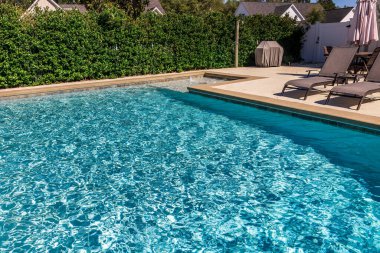 A rectangular new swimming pool with tan concrete edges in the fenced backyard of a new construction house with privacy hedges.