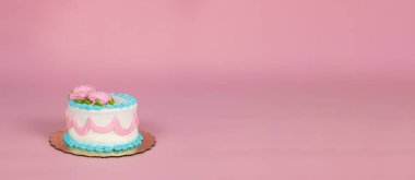 A pink for a backdrop birthday celebration with a small birthday cake banner with copy space.