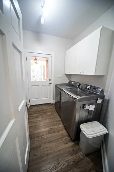 White Laundry Room Wood Floors Silver Washer Dryer — Stock Photo, Image