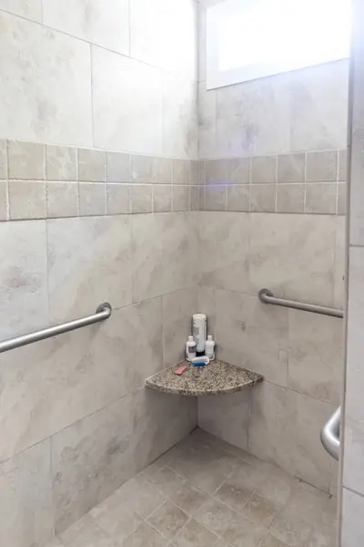 A large tiled handicap accessible shower with handrails.