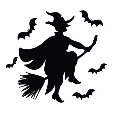 Süpürgedeki Cadı Siyah Silueti Beyaz Arkaplan Vektör İllüstrasyonunda İzole Edildi