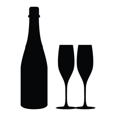 Klasik Şarap Şişesi ve Gözlük Siluet Vektörü Siyah ve Beyaz