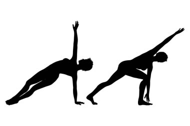 Yoga Peaceful Warrior Asana ve amuda kalkan Scorpion Poz. Yoga yapan adam Asana. Beyaz Arkaplanda Vektör Silueti ResmiComment