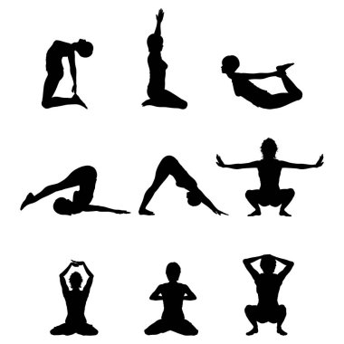 Yoga yapan kadın siluetleri seti mi? Evet. Esnek Kız 'ın Farklı Yoga Pozisyonlarında Vücudunu Esneten Simgeleri. Beyaz Arkaplanda Siyah Şekiller İzole Edildi.