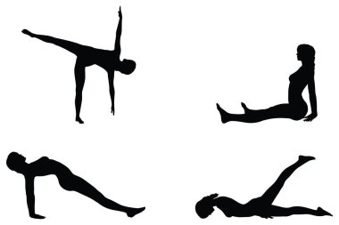 Kadın Yogası Siluet Vektör İllüstrasyonu, Farklı Yoga Pozisyonları ve Egzersizleri Pozisyonları
