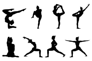 Yoga ve pilates seti yapan kadınlar. Yoga yapan sıska kız. El yapımı siyah siluetler. Sağlık ve Yaşam Tarzı Konsepti