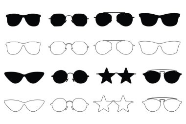 Çerçeve Siluetleri ve Taslak Vektör İllüstrasyonlu Moda Gözlüğü Koleksiyonu
