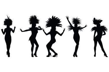 Brezilya Karnavalı Samba Dansçısı Siluet Vektörü Beyaz Arkaplanda İzole Edilmiş Şenlikli İnci Kostümlü Kadınların Resmini Çekti