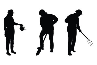 Kürek Siluetli Adam Vektör Set İşçisi ve Çiftçi Çeşitli Pozisyonlarda