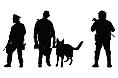 Polis memuru ve köpek silueti vektör eğitim ve devriye pozisyonlarını ayarladı