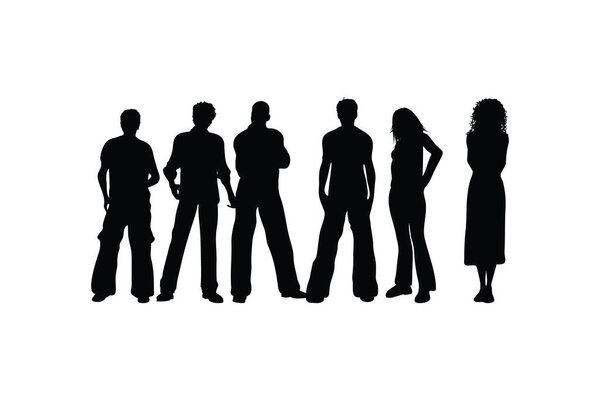 Векторный набор "Силуэт" Группа друзей, включающая мальчиков и девочек в радостных позах, празднующих дружбу и единство на белом фоне