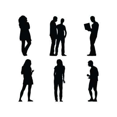 Çeşitli Siyah Siluet Seti Gençlik ve Toplum Tasarımı Temaları İçin Çeşitli Pozisyonlarda Duran Kız ve Erkekler