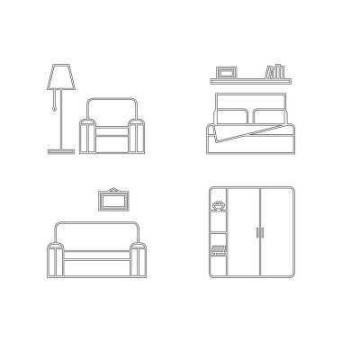 Mobilya Mağazası Doğrusal Simge Ev Mobilyalarını ve İç Tasarım Sembollerini En Düşük Tasarım Biçiminde Ayarla, Düzenlenebilir Vuruşlarla İzole Vektör İllüstrasyonu