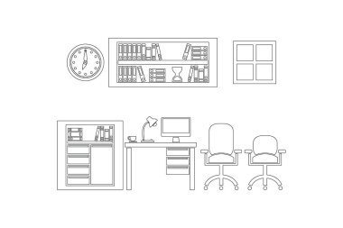 Kapsamlı İçişleri İşyeri Taslak Simgesi Özet Ofis Mobilyaları ve Web Tasarımı ve Modern Çalışma Alanı Resimleri İçin Ekipman