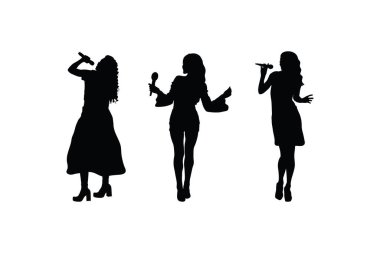 Sahnede Sahnede Güzel Kadınları Yansıtan Mikrofon Tutan Zarif Siluet Seti Müzik ve Eğlence Tasarımları İçin Beyaz Arkaplanda İzole Edildi