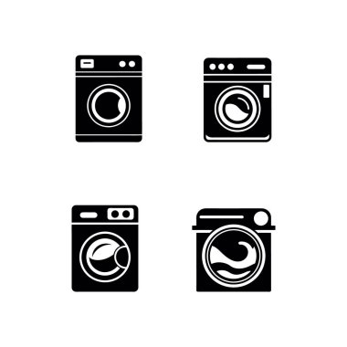 Çamaşır Makinesi Simgesi ve Siluet Vektörü Düz Aygıt Resimleri Koleksiyonunu Beyaz Arkaplanda Ayarla